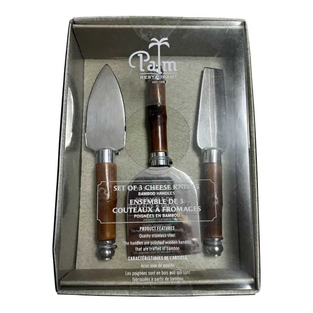 Palm Restaurant Cheese Knife Set – 3 Stainless Steel Knives with Bamboo Handles